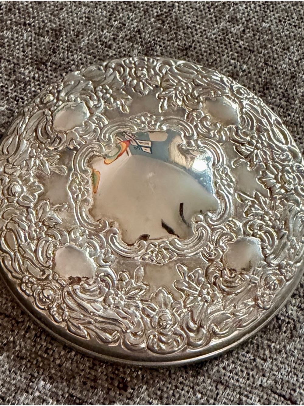 Ornate Antique Silver Round Compact Mirror